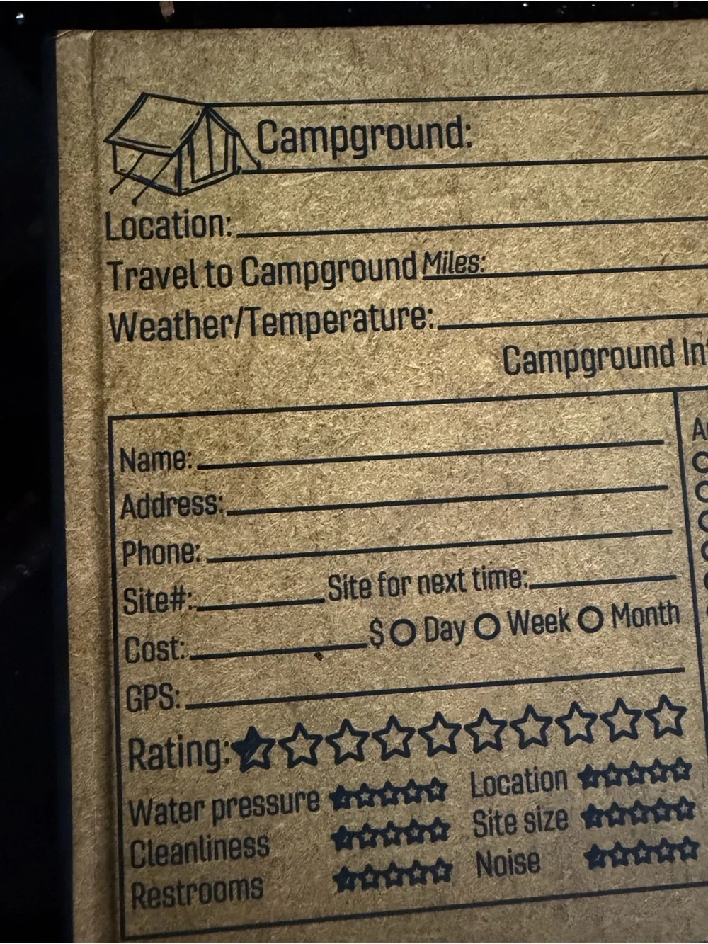 Camping Journal Notebook - Kraft Brown Cover with Navy Print